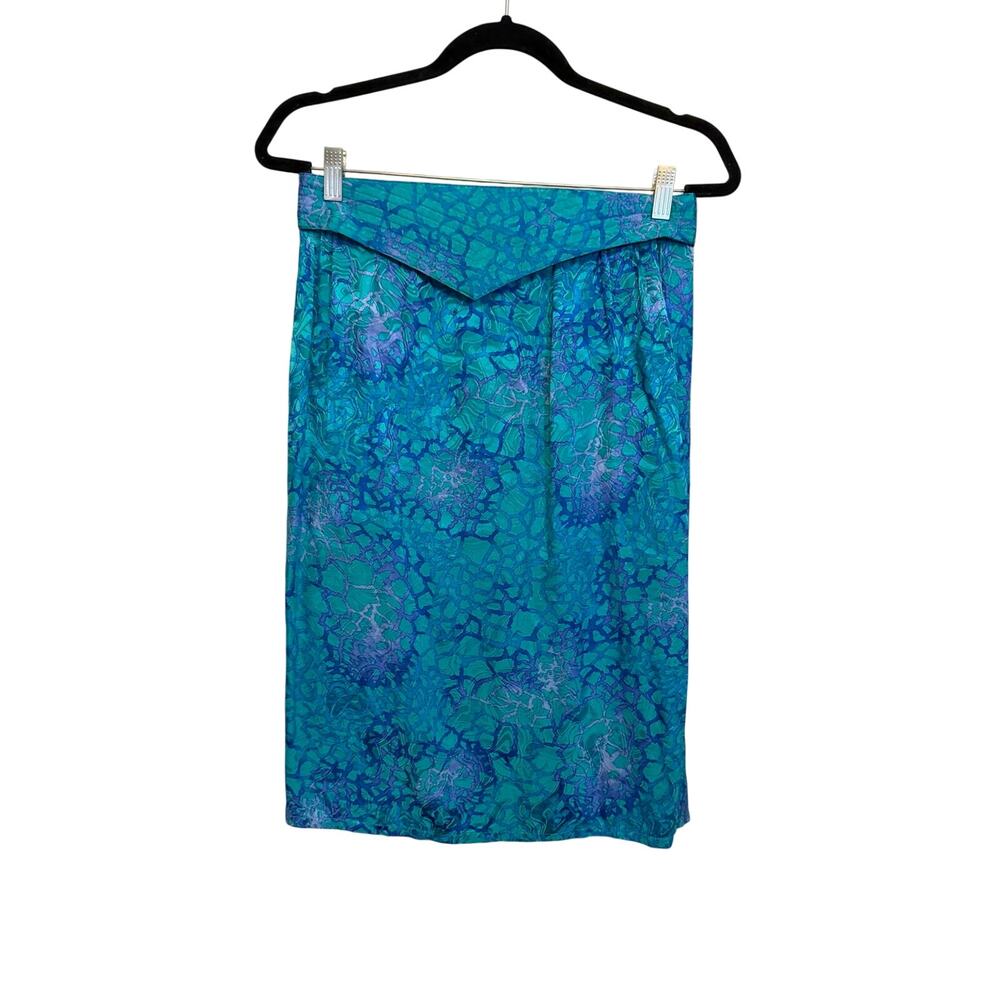 Vintage Nora Noh Pencil Skirt 6 Blue Silk Midi Abstract Boho Maximalist Eclectic